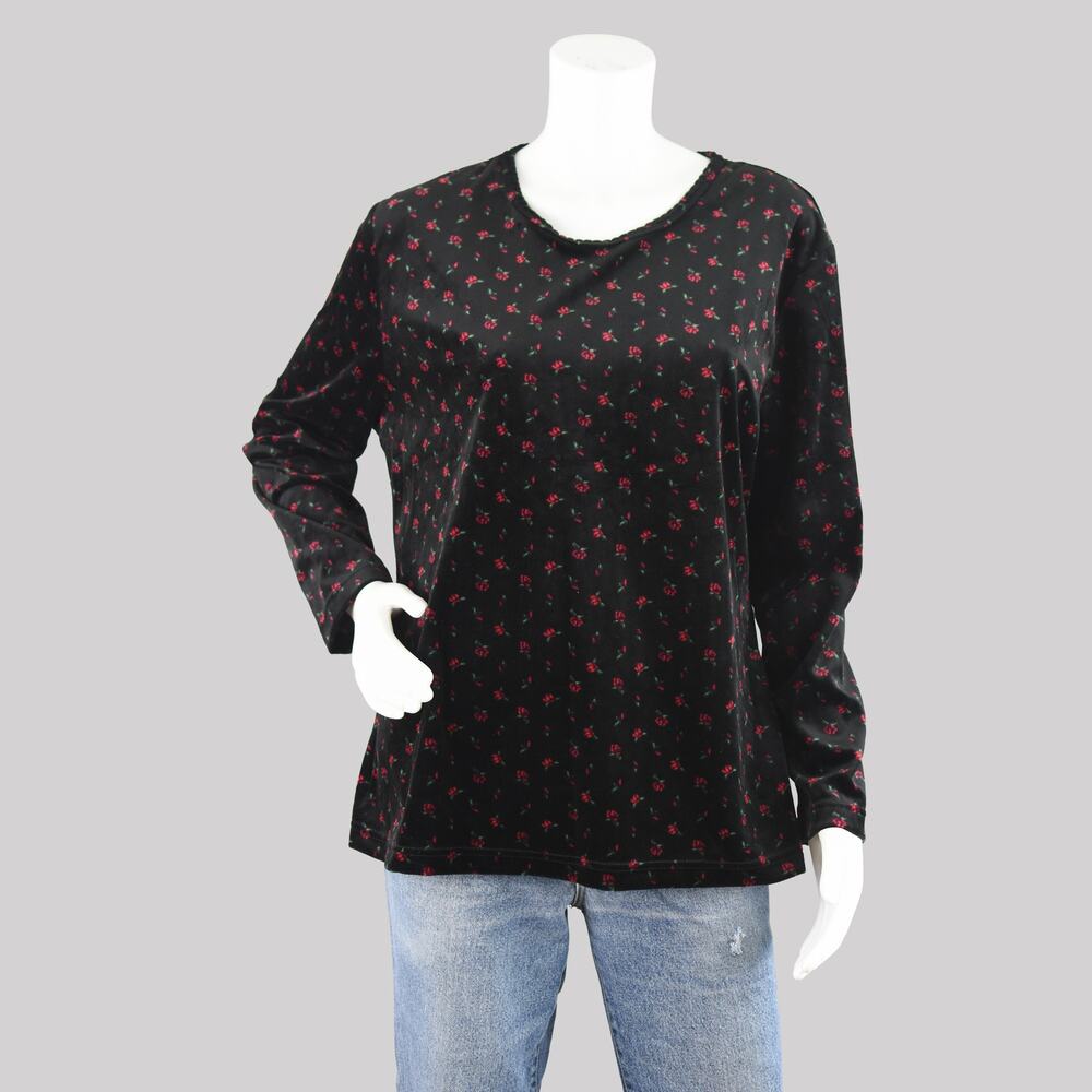 90s Black Velvet Floral Long Sleeve Shirt Women's Extra Large